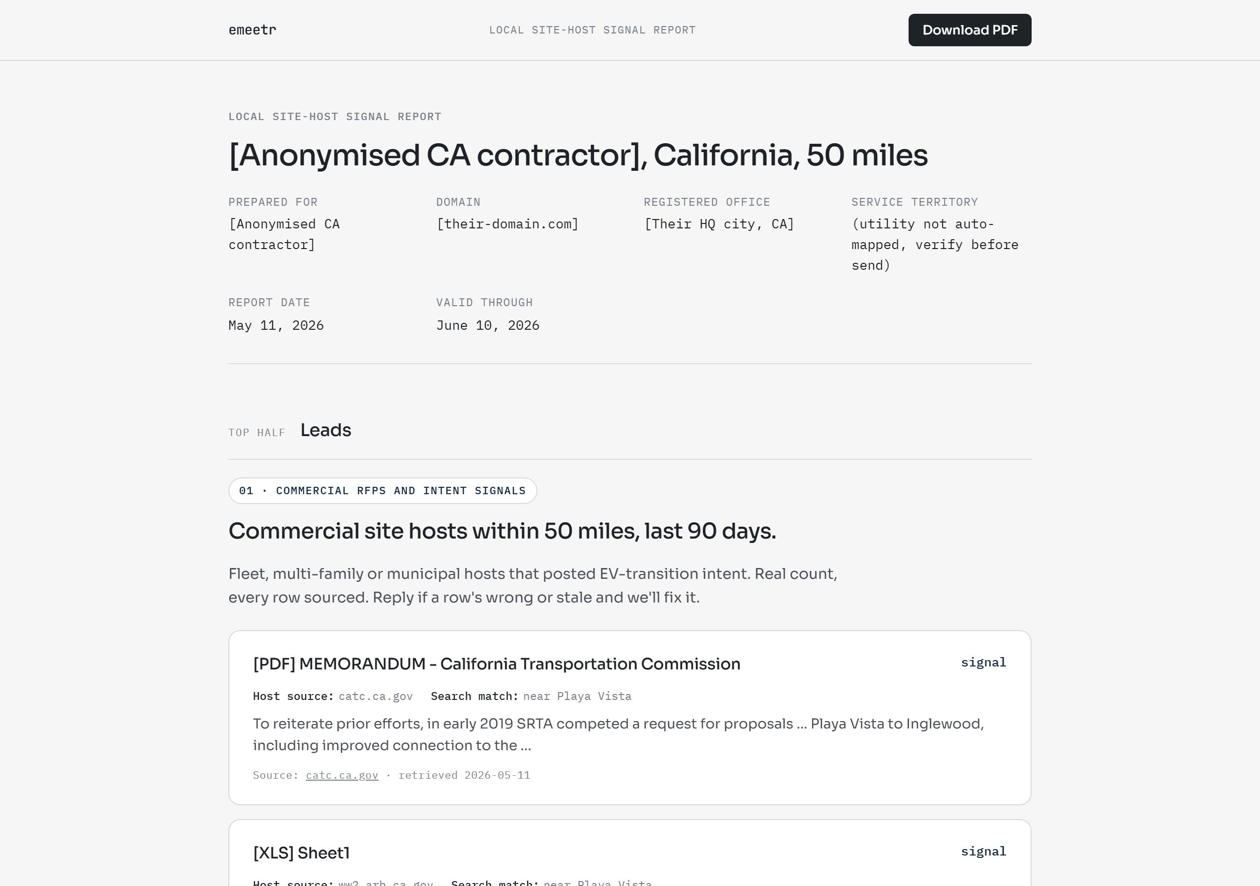 Anonymised sample signals report: top-of-page view showing prepared-for, domain, registered office metadata then the Leads section with commercial RFP rows
